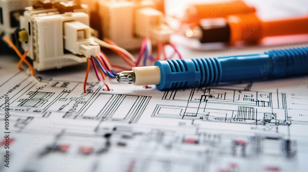 Poster close-up view of electrical schematics and technical components with a focus on wiring and circuit d