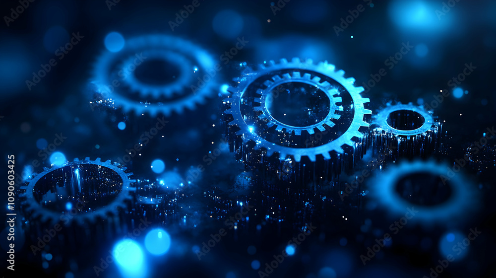 Poster abstract 3d blue glowing gears intermeshing in dark background, illustrating complex system synergy