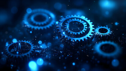 Obraz premium Abstract 3D Blue Glowing Gears Intermeshing in Dark Background, Illustrating Complex System Synergy