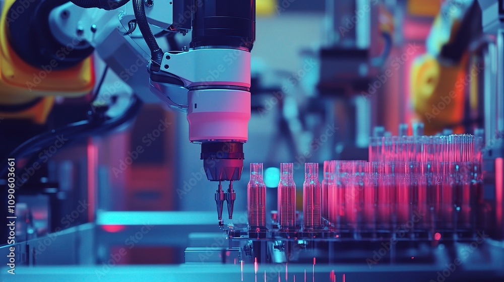 Poster automated robotic arm engaging in high-tech laboratory analysis with colorful neon lighting on test 
