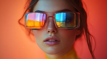 Fototapeta premium Stylish young woman with colorful eyewear in abstract realm.