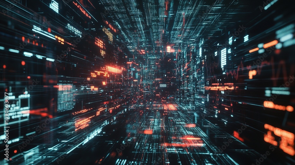 Poster digital tunnel: abstract cyberpunk-style data stream. a mesmerizing journey through a neon-lit digit