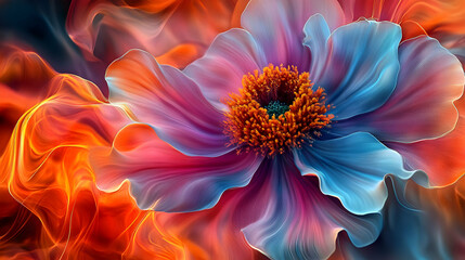Obraz premium Vibrant Abstract Floral Illustration: A Digital Painting of a Colorful Flower with Swirling Background