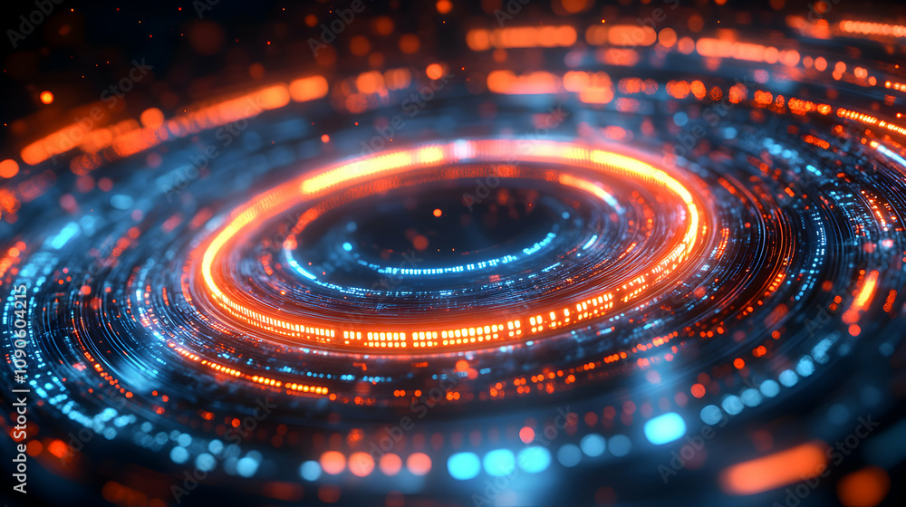 Poster abstract 3d digital background: glowing circular data streams with orange and blue light trails