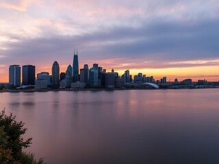 Obraz premium Panoramic view of the Detroit skyline at sunset, urban landscape, city lights