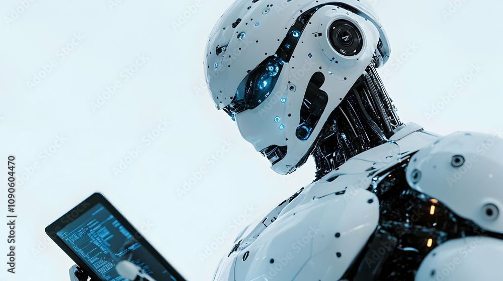 Poster advanced robot analyzes data on tablet screen, futuristic technology concept, detailed 3d render