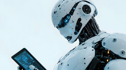 Advanced Robot Analyzes Data on Tablet Screen, Futuristic Technology Concept, Detailed 3D Render