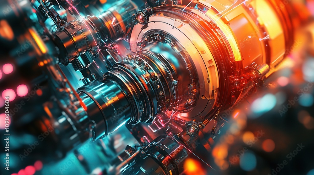 Poster abstract close-up of a futuristic machinery core with vibrant neon lighting and intricate mechanical