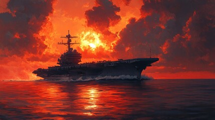 A silhouette of an aircraft carrier sailing on the ocean with a fiery orange sunset in the background.