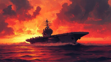 A large aircraft carrier sails across the ocean at sunset, with a fiery red sky above.