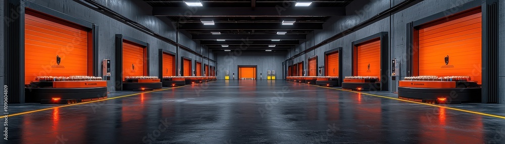 Poster robots sorting packages efficiently in a futuristic warehouse environment for enhanced logistics man