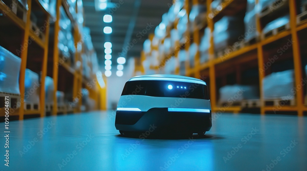 Poster modern autonomous delivery robot navigating through a high-tech warehouse with smooth floors and she
