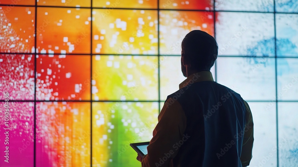 Poster man observing colorful digital display with tablet in modern art space illuminated by vibrant visual