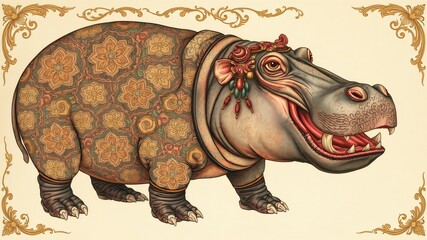 Fototapeta premium hippopotamus illustration, simple retro hippo illustration