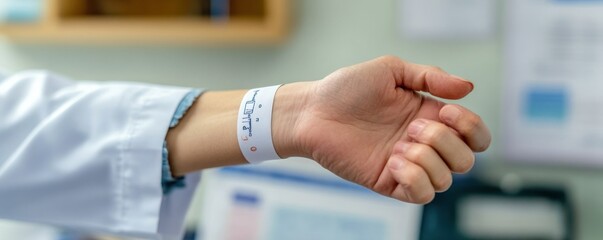 A close-up of a hand wearing a hospital wristband, indicating medical identification.