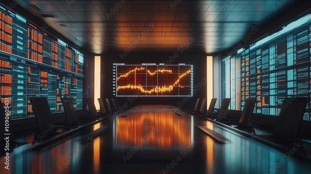 Aufkleber cyberpunk trading room: futuristic stock market control center with glowing screens displaying dynam