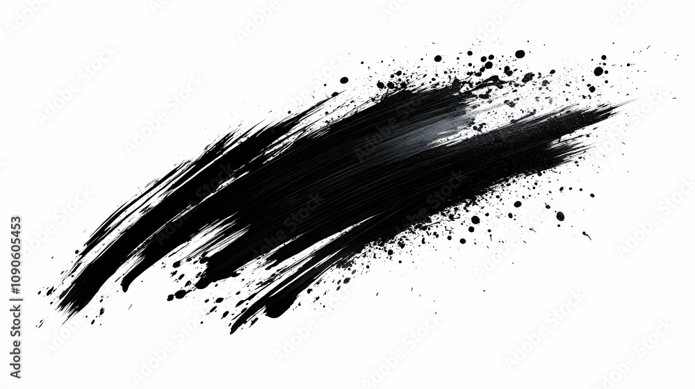 Poster abstract black ink brush stroke background with splashes, dynamically painted texture for design ele