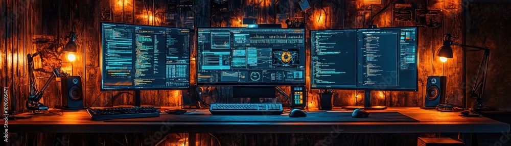 Poster exploring high-tech gadgets in a futuristic workspace innovative designs modern environment tech-cen