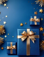 Illustration of blue gifts with golden bows and ribbons placed on blue background near stars, place for text