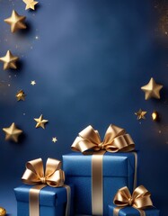 Illustration of blue gifts with golden bows and ribbons placed on blue background near stars, place for text