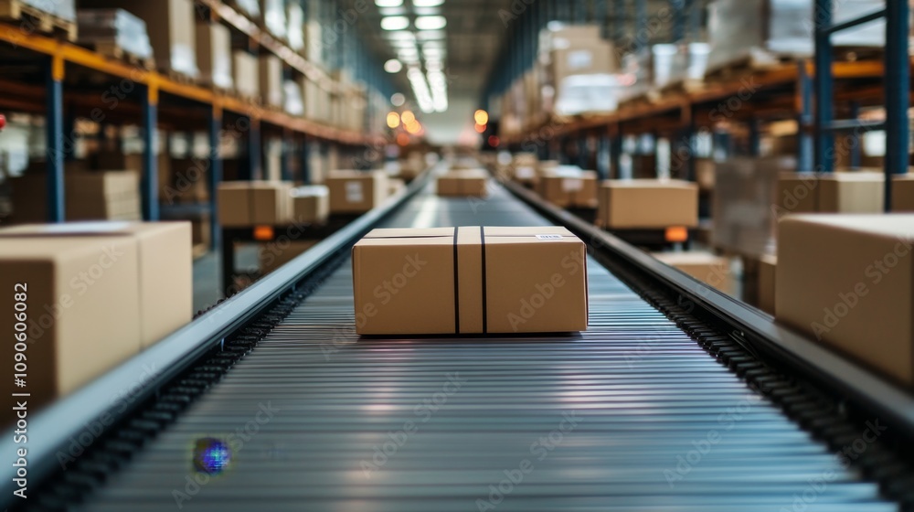 Aufkleber aerial view of distribution center conveyer belt with box in focus surrounded by row of cardboard pa