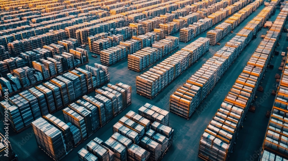 Poster aerial view of a large industrial warehouse showcasing neatly stacked shipping containers in rows re