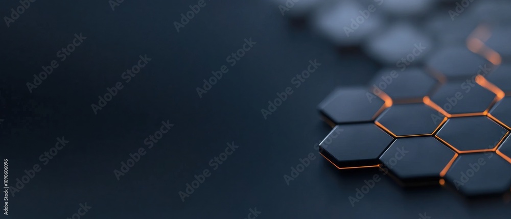Poster a black background with a pattern of hexagons with orange highlights
