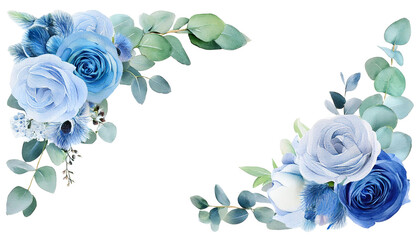 Watercolor Floral Corner Border Blue Roses and Light Blue Peony with Eucalyptus Greenery for Invitations