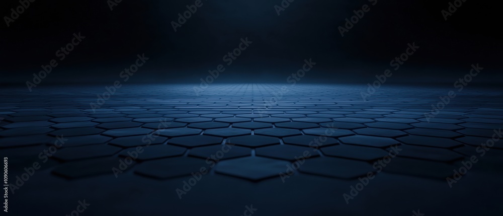 Poster a dark blue background with a pattern of hexagons