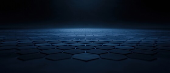 A dark blue background with a pattern of hexagons