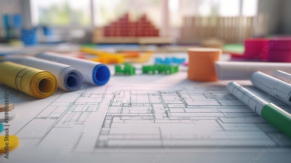 Poster a close-up view of colorful architectural blueprints and construction tools on a work table in a bri