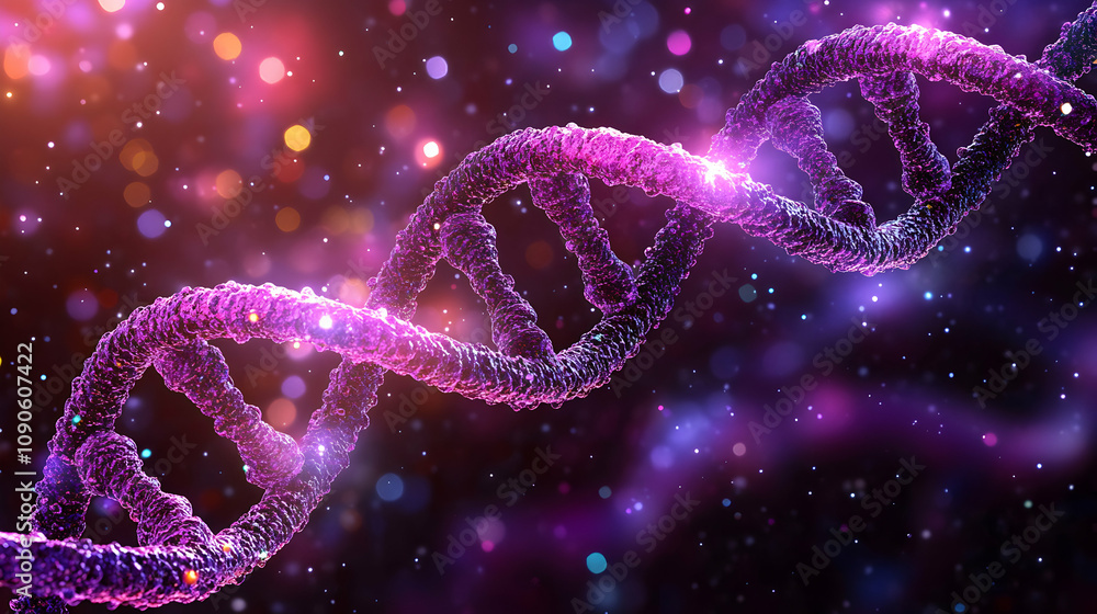 Poster 3d render of dna helix glowing in purple and pink abstract background with sparkling dust