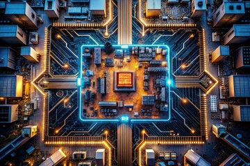 Architectural Photography of Artificial Intelligence on Circuit Board: Futuristic Design, Technology Integration, Digital Innovation, AI Circuitry, High-Tech Architecture, Modern Aesthetics.