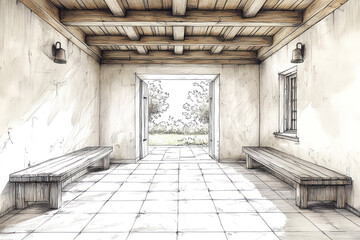 Fototapeta premium spacious interior with wooden ceiling and two long benches along the walls. 