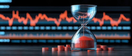 Investing mistake fail business and volatility Concept, An hourglass with red capsules sits against a backdrop of fluctuating data graphs, symbolizing time and urgency in health or finance.