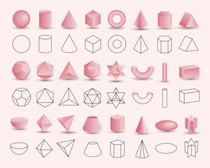Set of vector realistic 3D pink geometric shapes isolated on background. Mathematics of geometric shapes, linear objects, contours. Platonic solid. Icons, logos for education, business, design