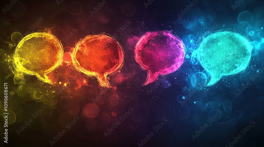 Poster speech bubbles colorful and vibrant communication for dynamic interaction and sharing ideas.