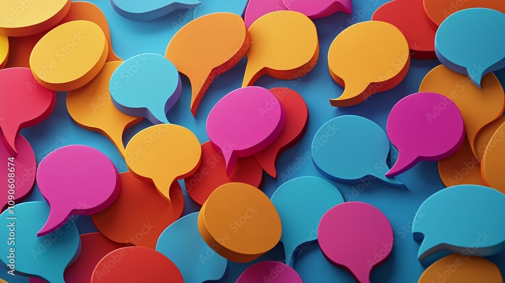 Poster speech bubbles communication and colorful dialogue for dynamic and creative interaction.