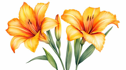 Obraz premium Watercolor Illustration of Two Orange Daylilies Blooming Vibrantly on White Background