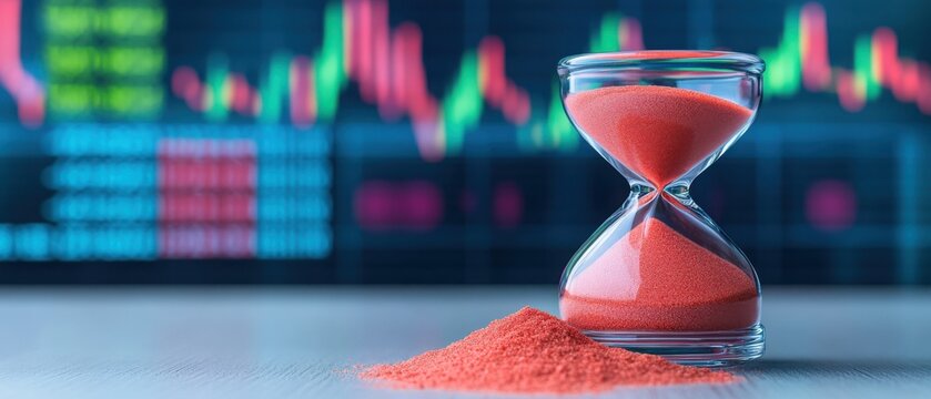 Investing mistake fail business and volatility Concept, Hourglass filled with red sand, symbolizing time management and urgency, set against a backdrop of financial charts.
