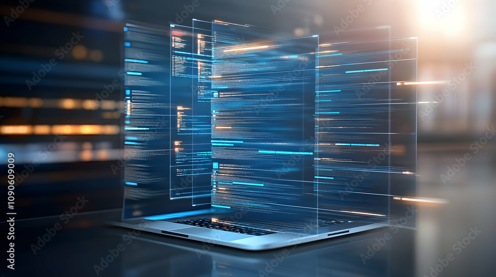 Poster 3d rendering of holographic code emerging from laptop, abstract digital background