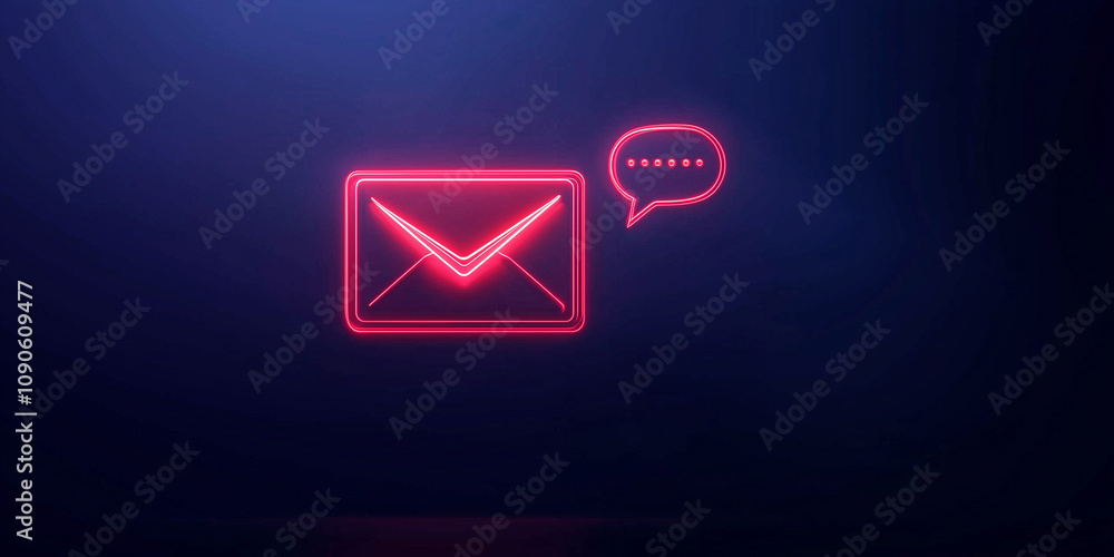 Poster a glowing neon envelope icon with a speech bubble on a dark blue background, symbolizing new message