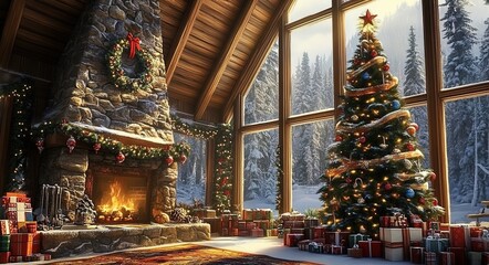 Fototapeta premium A cozy cabin interior with large windows, adorned with Christmas decorations like wreaths and garlands on the walls