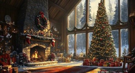 Fototapeta premium A cozy cabin interior with large windows, adorned with Christmas decorations like wreaths and garlands on the walls