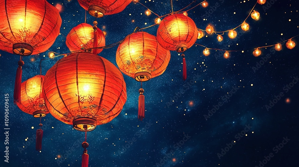 Poster lanterns red lights creating a magical glow in the night sky with warmth and unity.