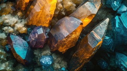 A vibrant display of quartz crystals in various shades, showcasing intricate formations and striking colors.