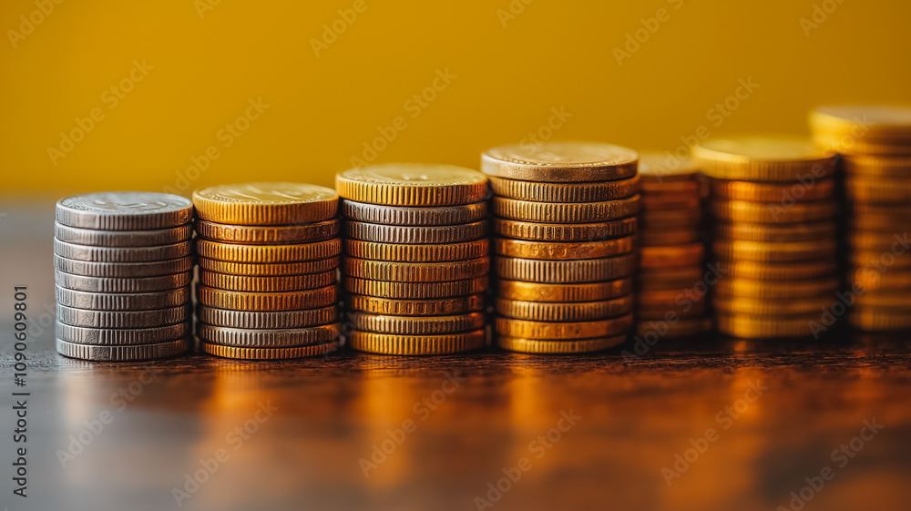 Poster a stack of coins with the top one being a quarter. the coins are lined up in a row