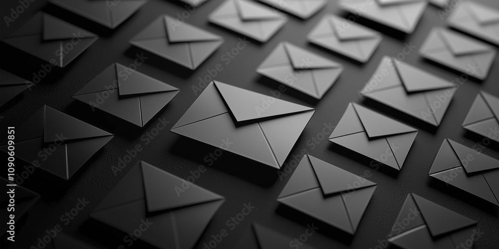 Poster a monochromatic pattern of black envelopes arranged in rows on a dark textured background