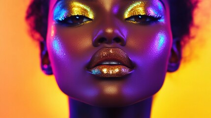 Golden Glow: A stunning close-up of a woman of color with shimmering gold eyeshadow and bold, iridescent makeup, bathed in vibrant, colorful light. The image captures beauty, confidence.