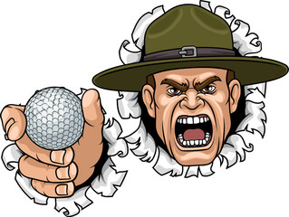 An angry drill instructor or sergeant bootcamp army soldier cartoon character holding golf ball sports team mascot illustration.
